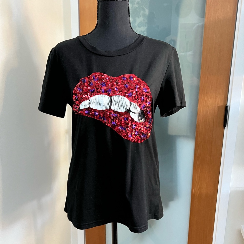 Black T-Shirt with Sequin Lips Design
